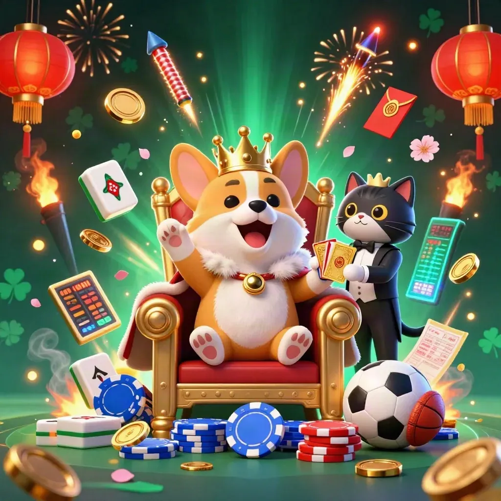 Royal corgi and cat butler amid coins, lanterns, fireworks, and casino loot in a dark emerald glow.