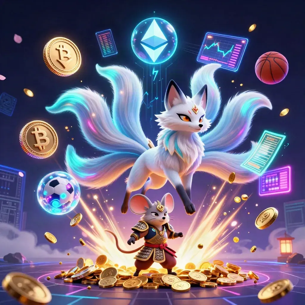 Neon fox spirit and golden samurai mouse amid coins, fireworks, and esports symbols