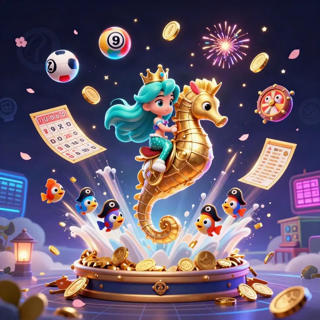Mermaid princess on armored seahorse amid casino coins, lottery balls, fireworks, and neon gaming flair.