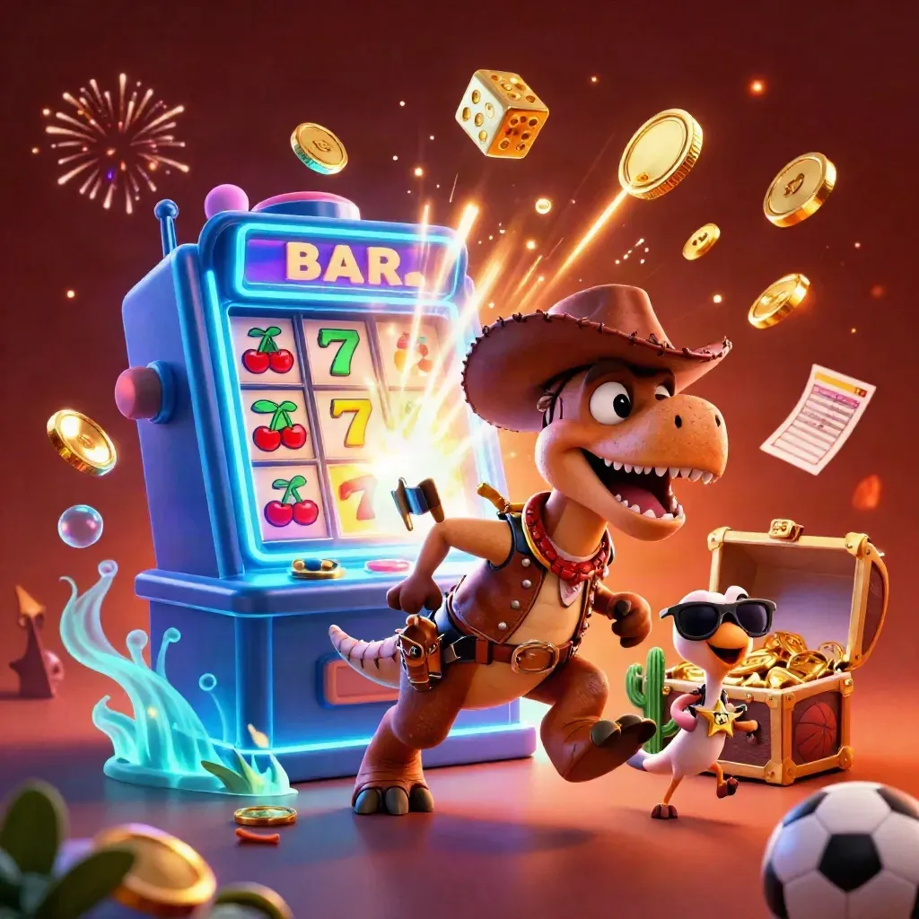 Cowboy T-Rex trio with slot machine blast, gold coins, and neon casino effects.
