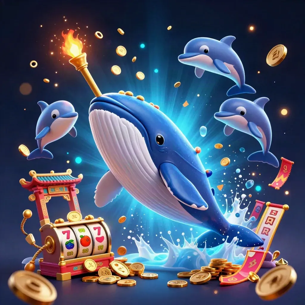 Whale captain, narwhal and dolphins burst through coins in a neon casino fantasy.