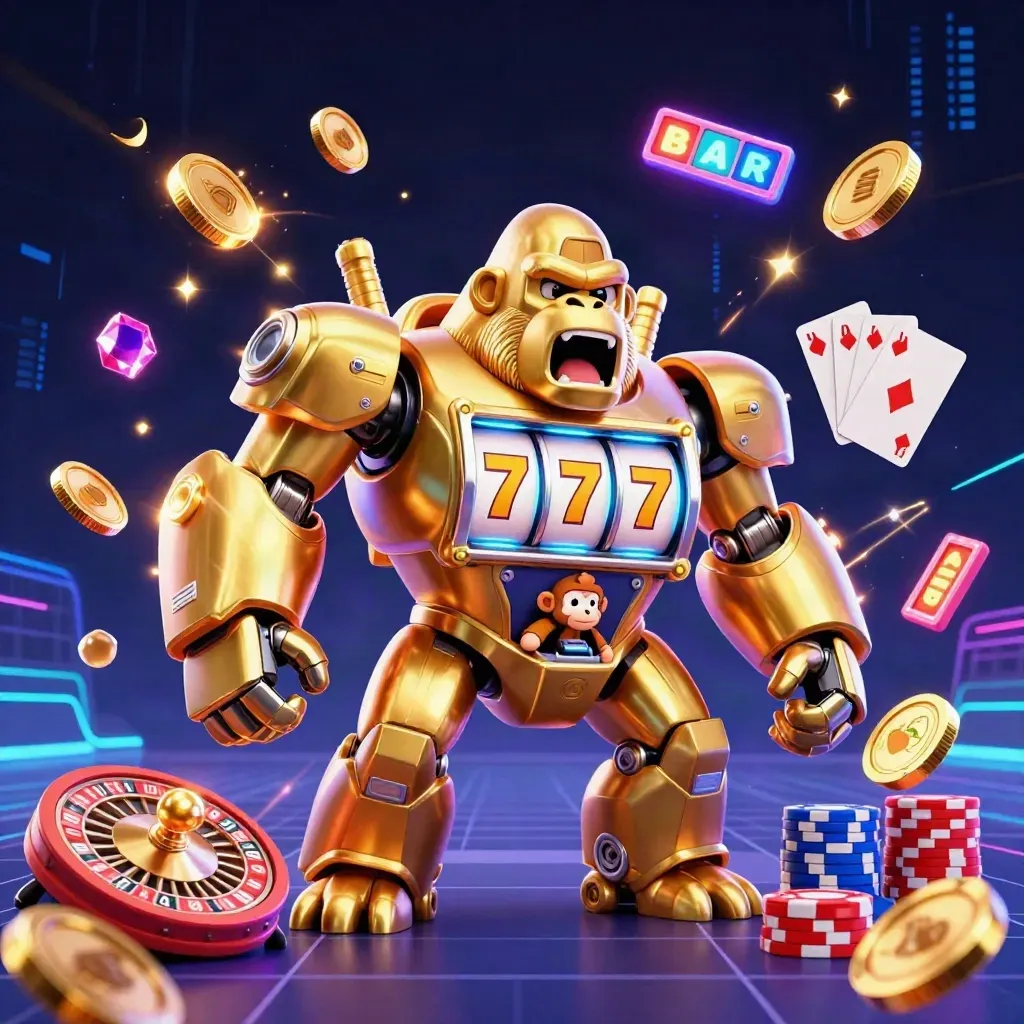 Golden gorilla slot-mech with tiny monkey pilot, coins, chips, roulette wheel, and neon casino energy