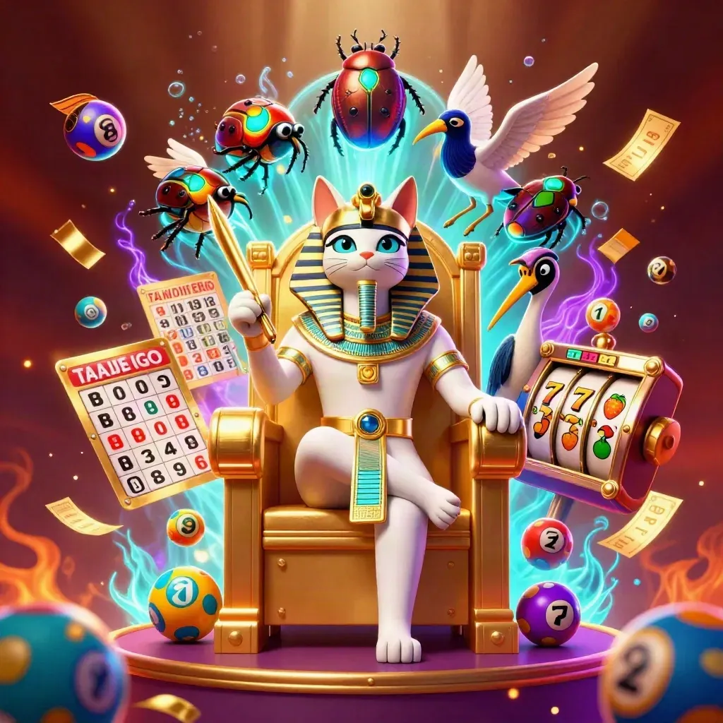 Pharaoh cat, ibis scribe, and gem-winged scarabs amid casino symbols, glowing blue and magenta.
