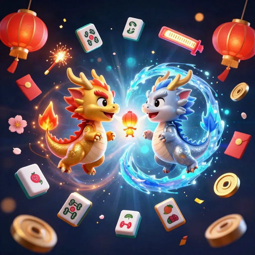 Twin gold and silver dragons form a fire-and-ice yin-yang with casino symbols around them.