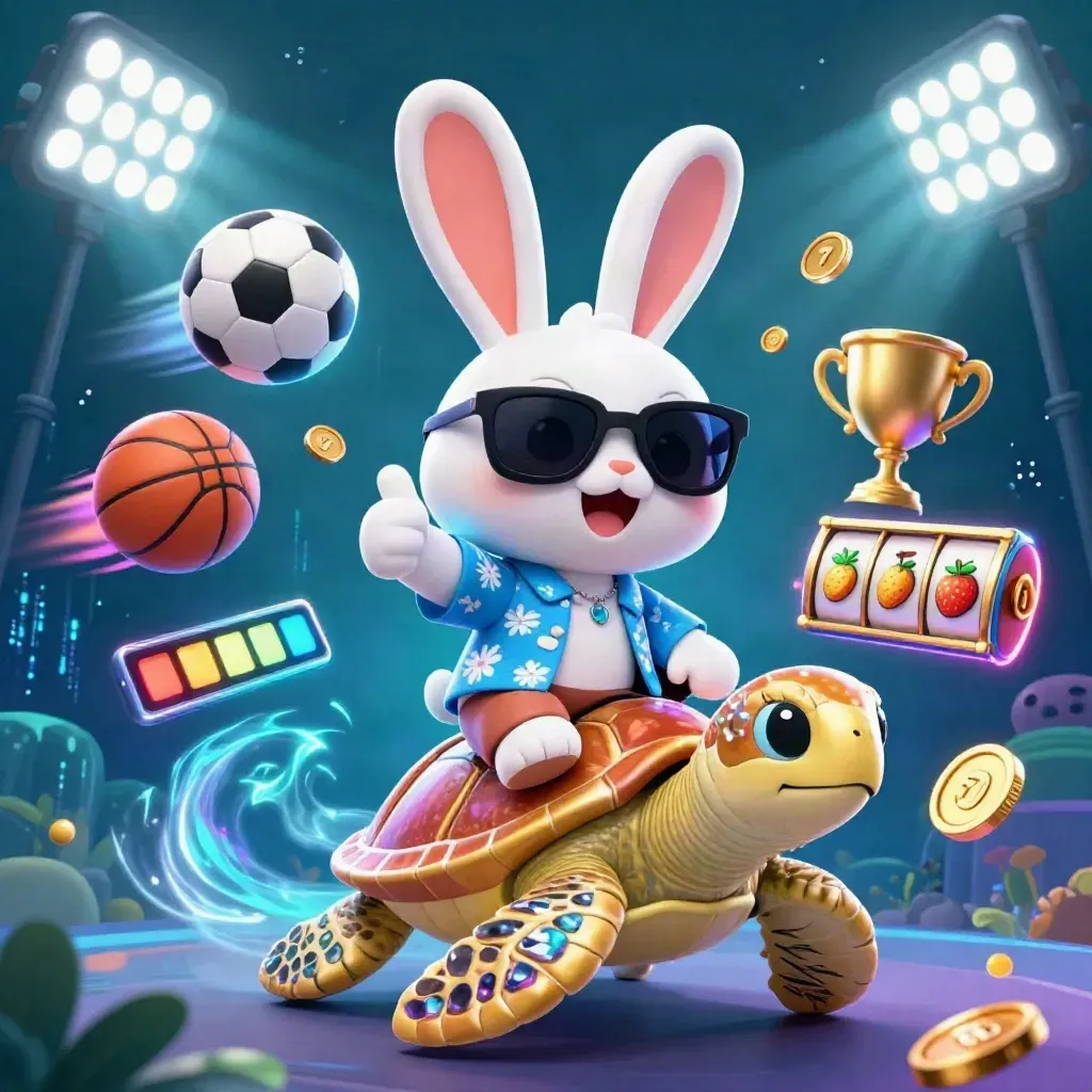 Lucky rabbit rides a golden sea turtle with casino icons in a neon underwater scene.