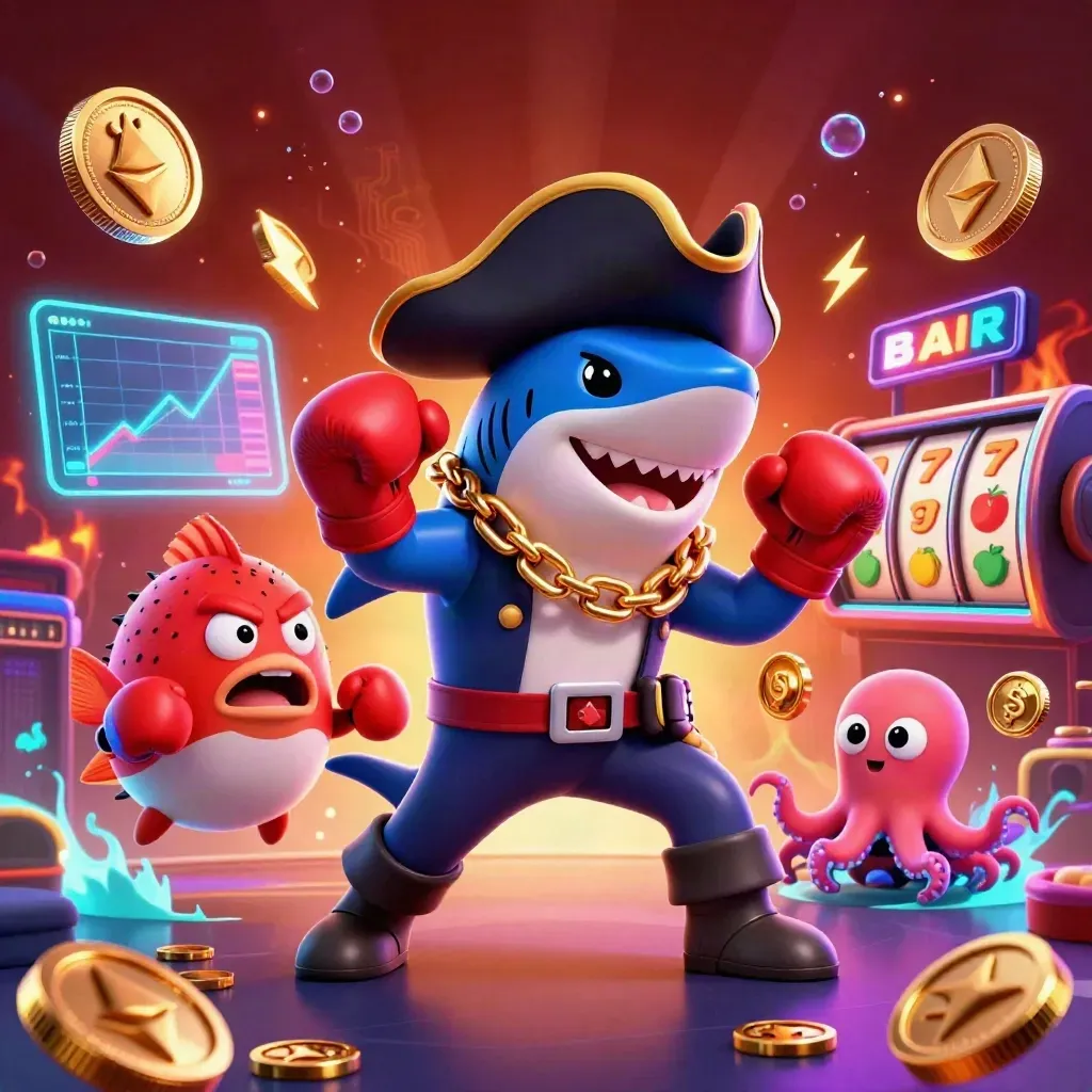 Pirate shark, boxing pufferfish, and coin-juggling octopus amid neon casino reels and crypto coins