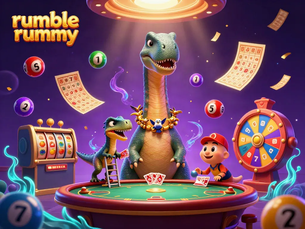 Experience exciting gameplay with Rumble Rummy in this vivid 3D illustration featuring a delightful casino scene.