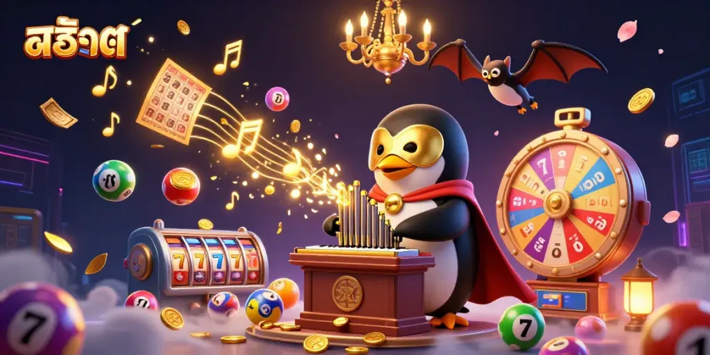 Experience exciting สล็อต action with a phantom opera penguin playing an organ shooting coins, surrounded by vibrant game elements.