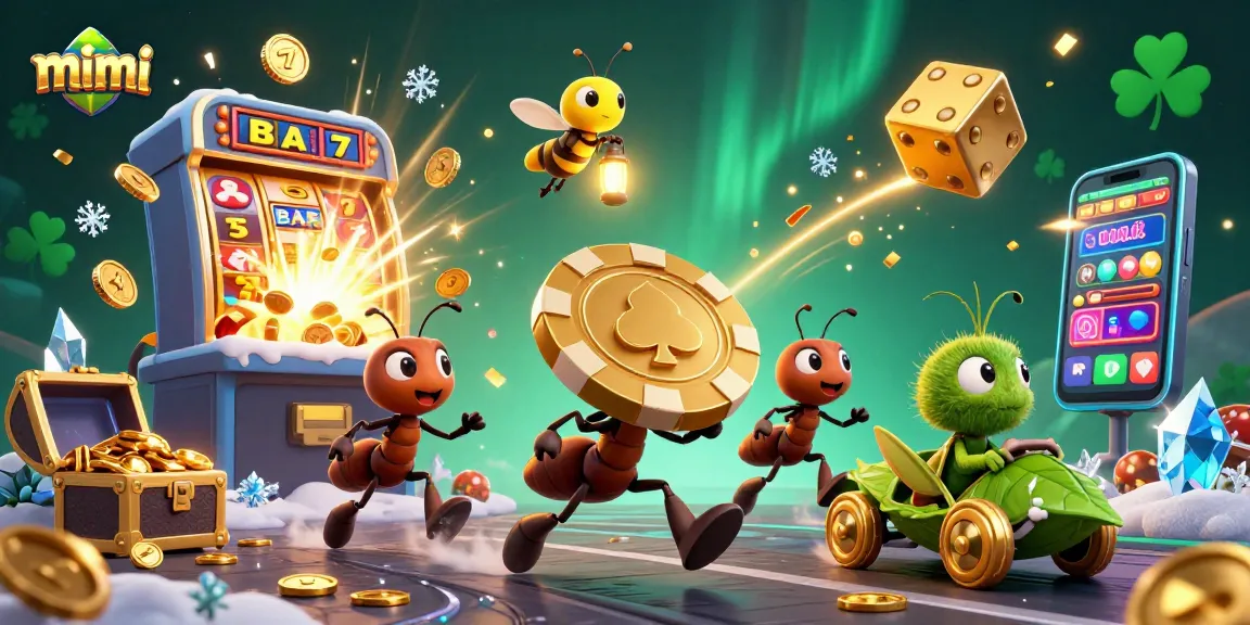 Experience thrilling gaming at mimi with ants carrying a giant poker chip amidst slot machine excitement.