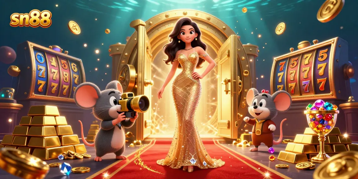 Engage with sn88's elite gaming experience featuring a glamorous casino scene filled with treasures.