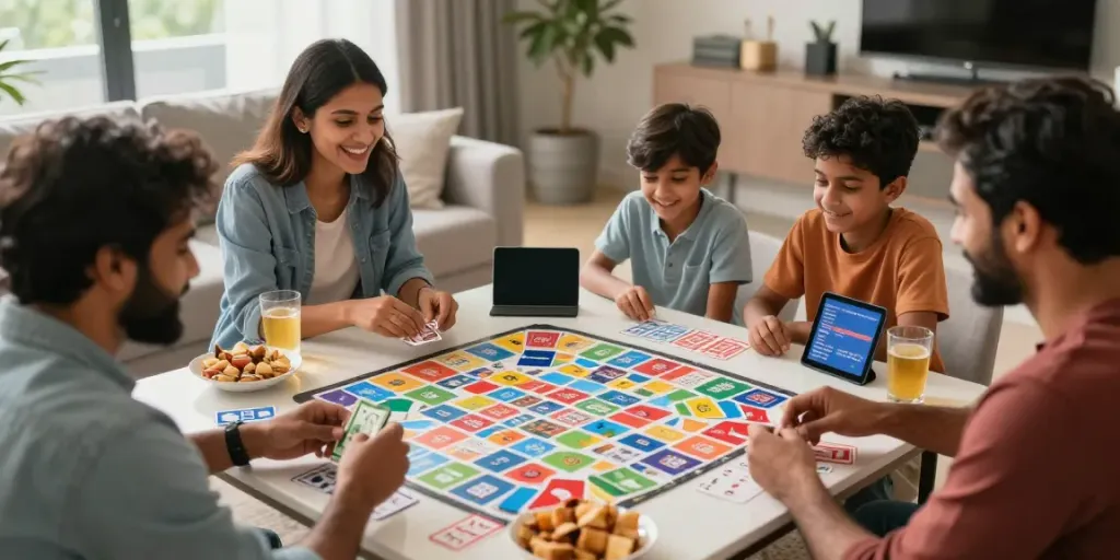 Engaged players enjoying the Rumble Rummy app in a lively home setting.