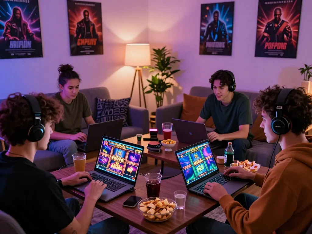 Players enjoying zeus138 slot games in a lively home gaming setup.