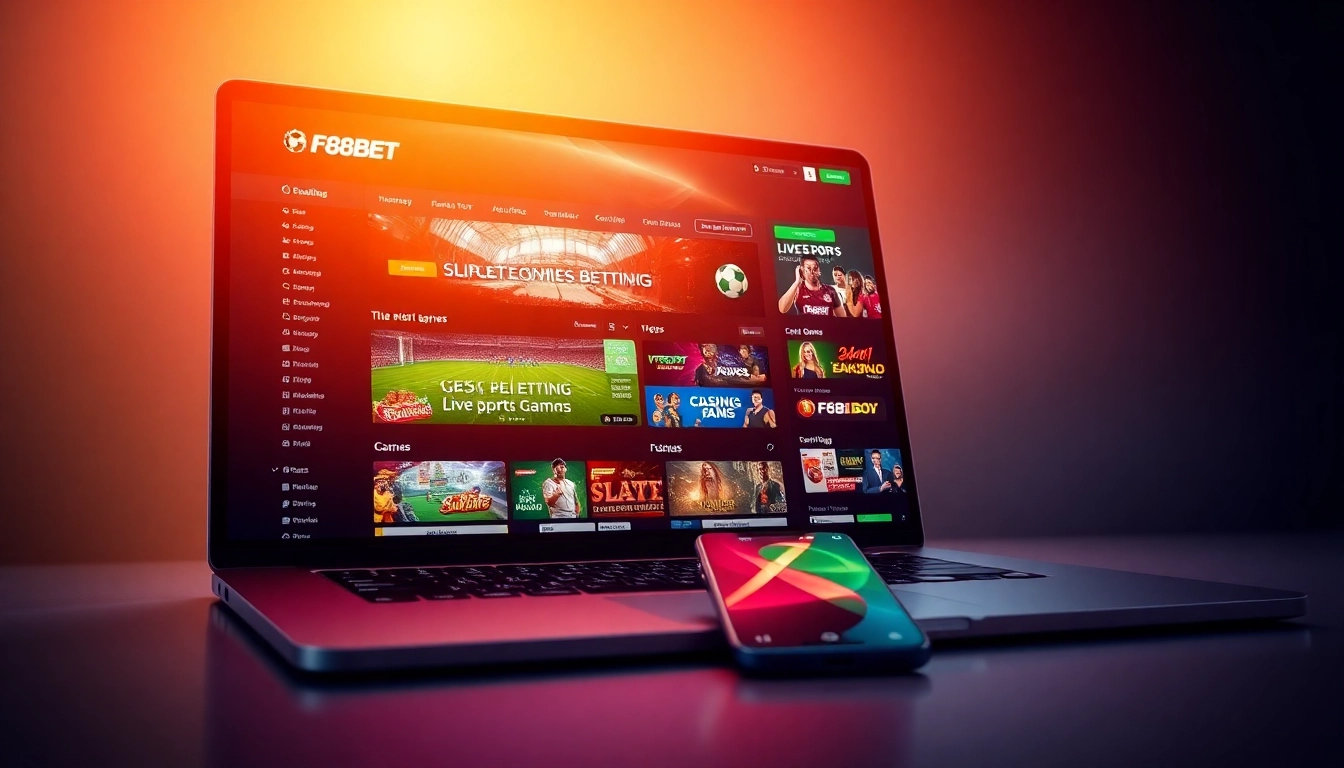 Engaging F88BET online betting platform interface with vibrant sports and casino games.