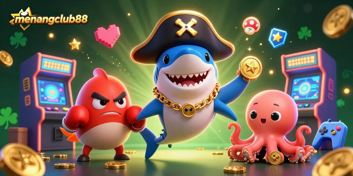 Play exciting games at menangclub88 featuring a cartoon pirate shark, pufferfish, and octopus in a vibrant casino scene