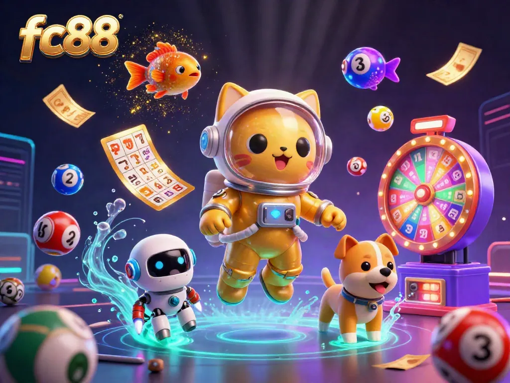 Engage with the vibrant world of fc88, a colorful scene featuring a golden space cat, robot dog, and alien creatures amidst lottery excitement.