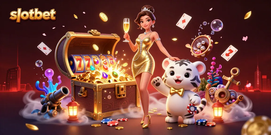Engage with slotbet as a glamorous woman and a lucky tiger cub celebrate in a rich casino scene.