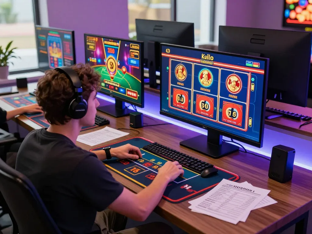 nk88 online gaming experience with multiple casino games on screens, highlighting strategic betting.