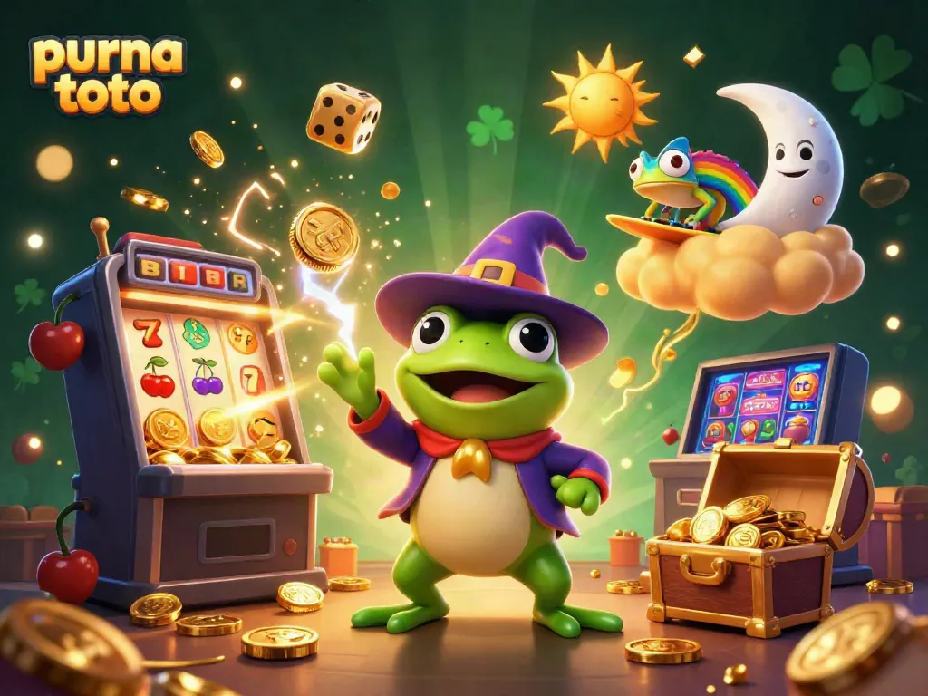 Purna toto membawa keberuntungan dengan wizard katak dan chameleon penuh warna berselancar dalam hujan koin emas.