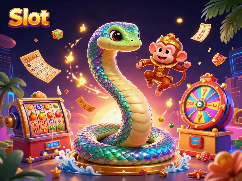 Slot besar dengan simbol slot dan karakter menghibur di latar belakang yang kaya.