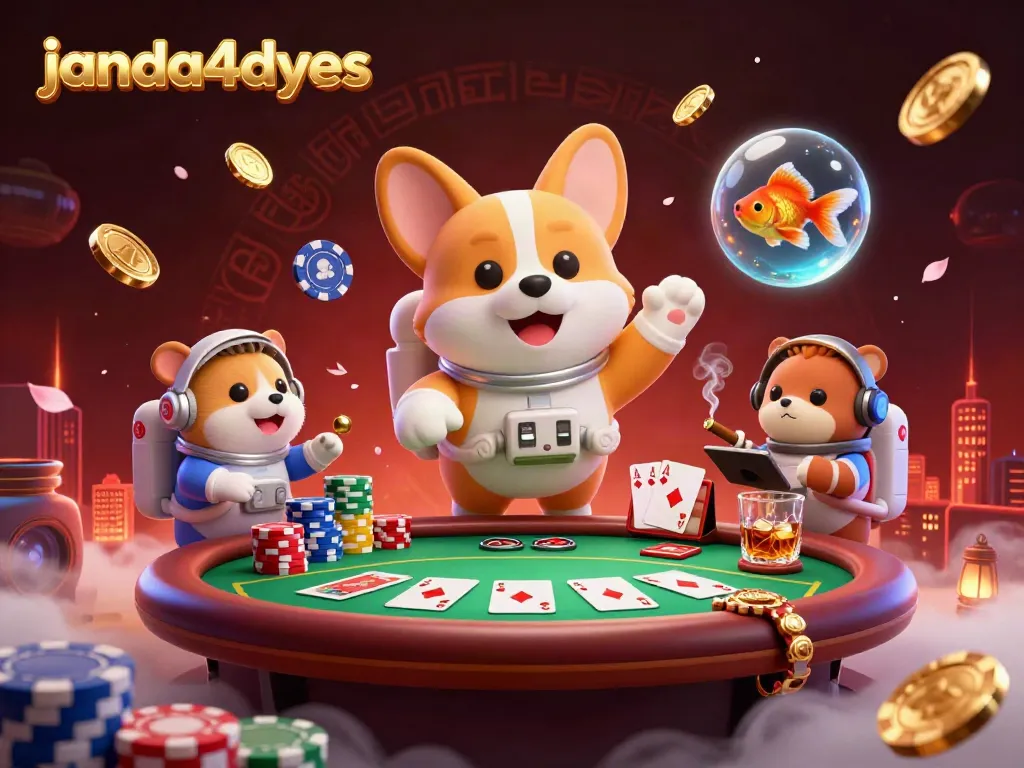 Janda4dyes menampilkan ilustrasi kasino luar angkasa dengan karakter unik dan elemen poker yang menarik.