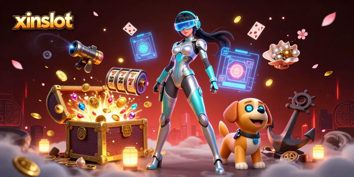 Engage with exciting games on xinslot featuring a futuristic woman and robot amidst vibrant casino elements.