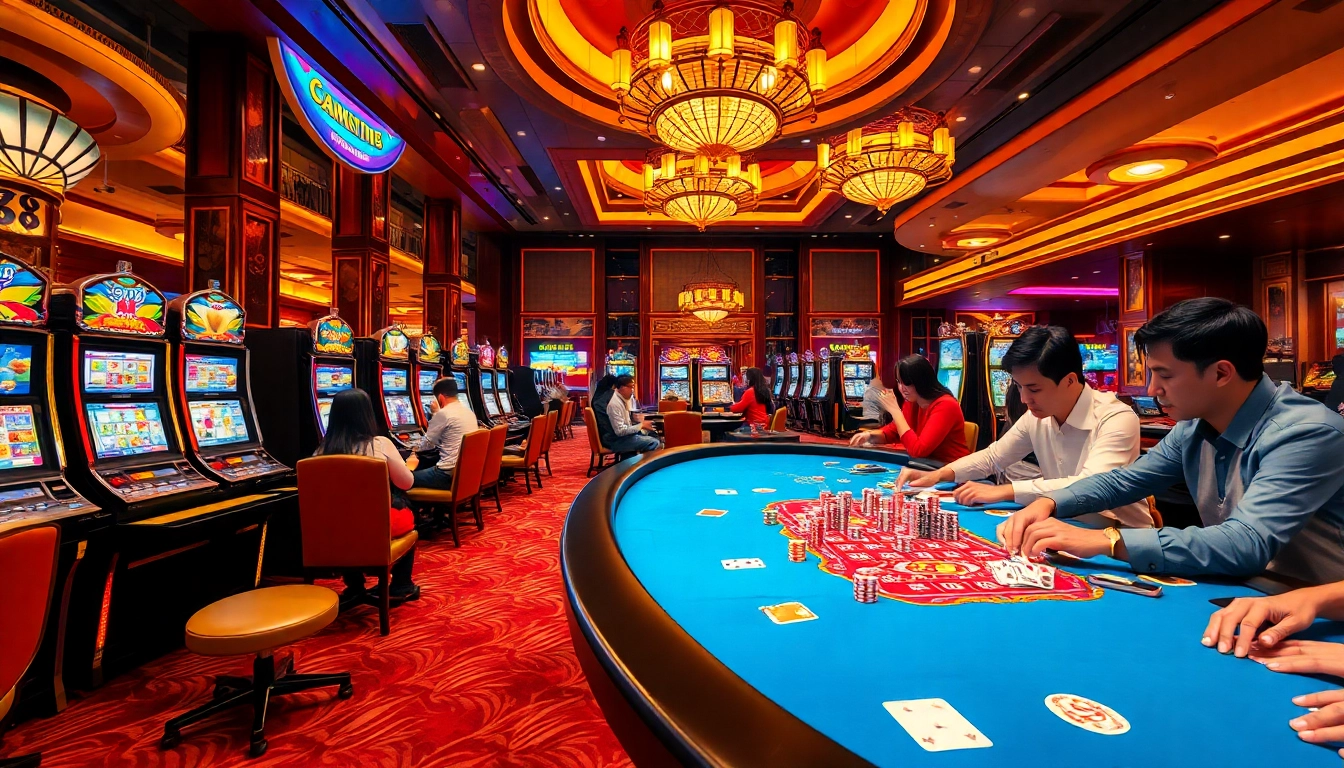 Players engaging in high-stakes gambling at uu 88, surrounded by vibrant casino games and luxury decor.