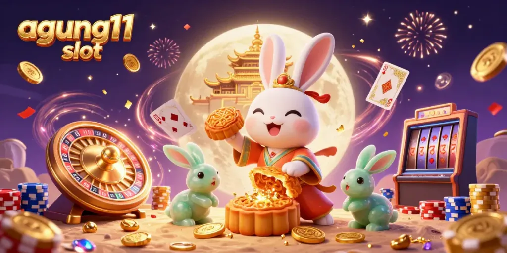 Ilustrasi 3D yang menampilkan agung11 slot dengan kelinci bulan dan koin keemasan terbang meriah.