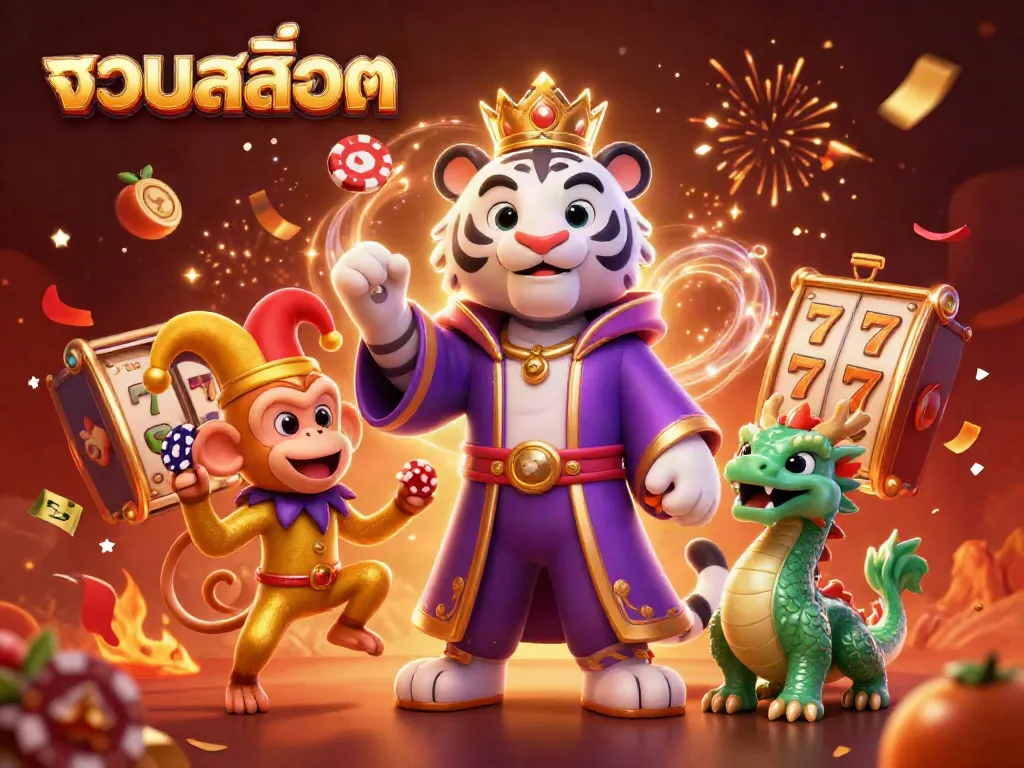 Experience the thrill of รวมสล็อต with this vibrant 3D casino illustration featuring dynamic characters and game elements.