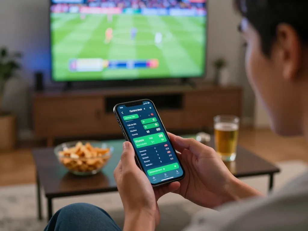 Person engaged with tỷ lệ kèo nhà cái 5 on a smartphone while watching sports at home.