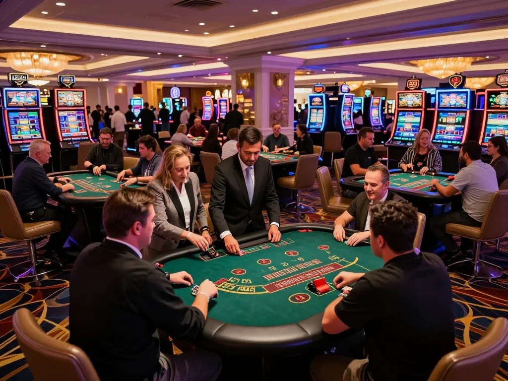 Engaged players at blackjack tables in a vibrant Las Vegas casino, showcasing excitement and strategy for tg88.