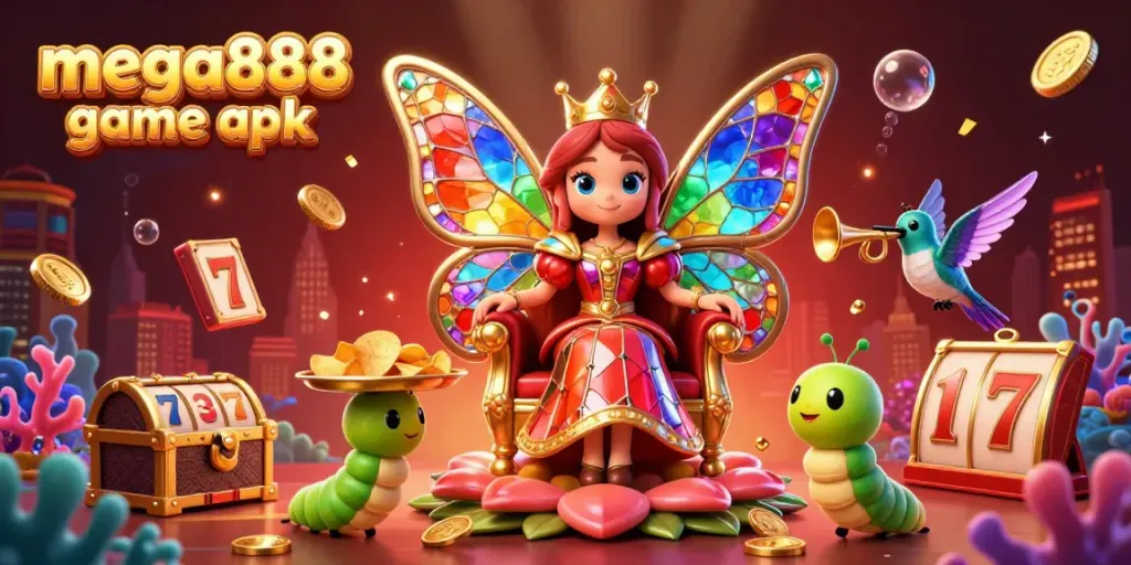 Mega888 game apk illustration featuring vibrant characters and casino elements, showcasing a butterfly queen with gems and slot reels.