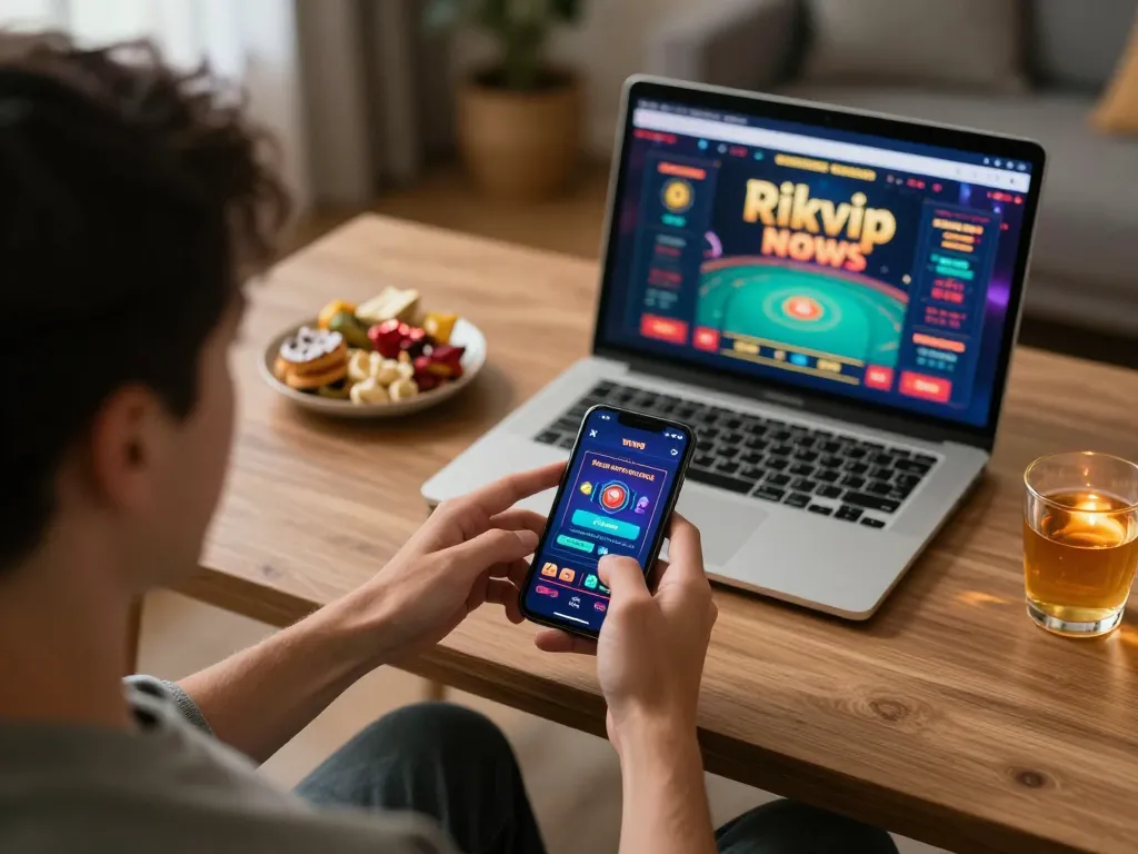 Player exploring the rikvip app on smartphone in a cozy home environment, enjoying online gaming.