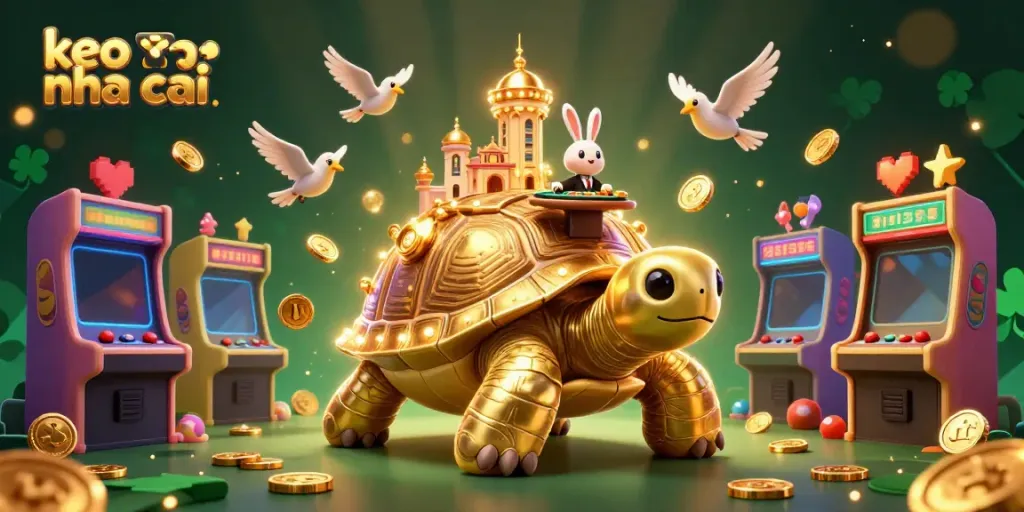 Engaging keo nha cai scene showcasing a golden tortoise casino with lively characters and game elements.