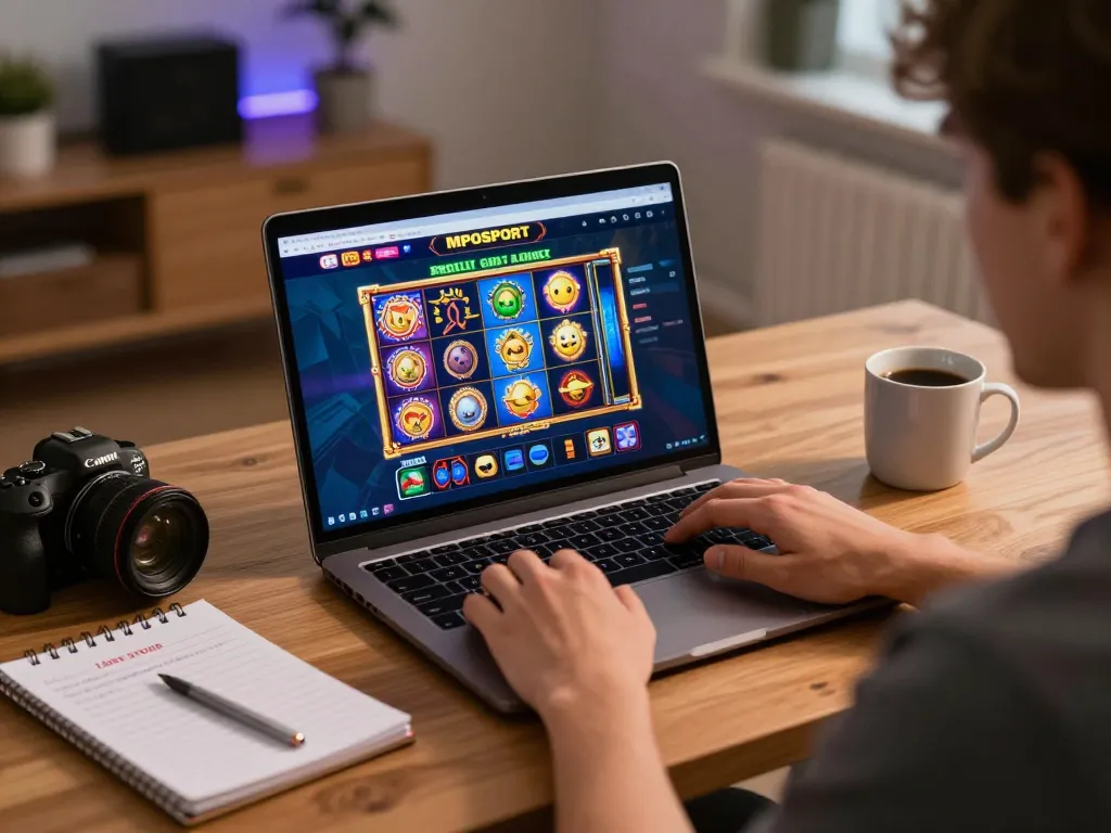 Play online games on MPOSPORT using a laptop with vibrant visuals and strategy notes in view.