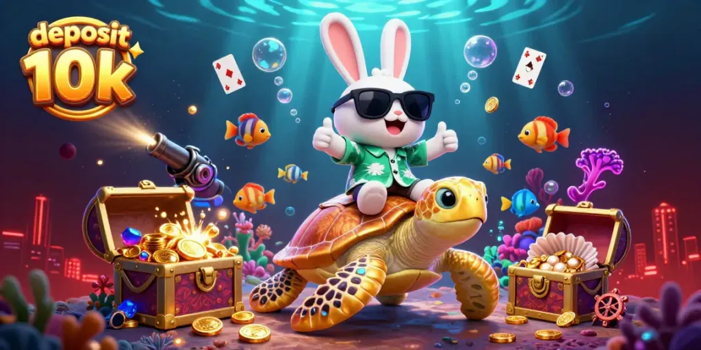 Gambar ilustrasi 3D menggambarkan deposit 10k dengan kelinci bahagia dan penyu emas di latar belakang bawah laut.