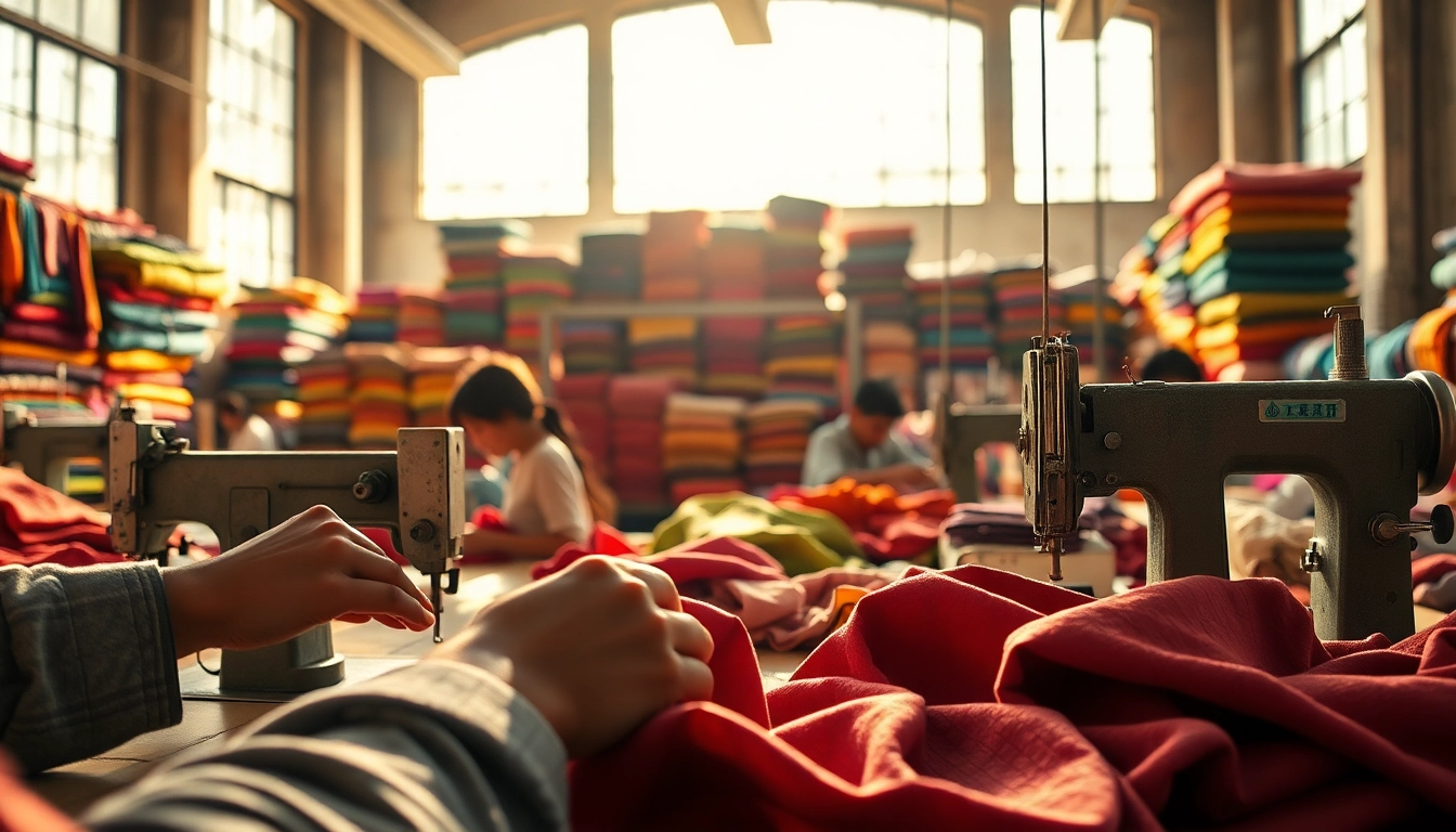 Showcasing apparel manufacturers in China crafting garments with skilled artisans in a vibrant workshop.