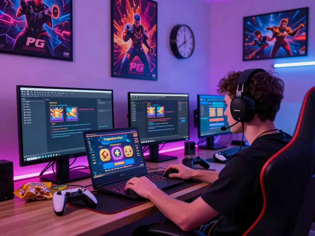 Gameplay judi pragmatic online di ruang permainan modern dengan pemain serius di laptop.
