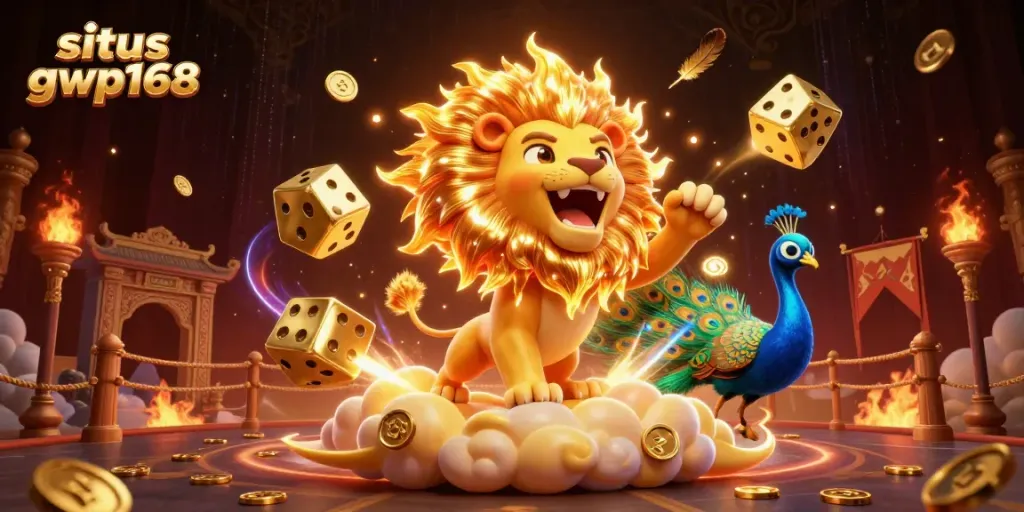 Permainan menangkan hadiah di situs gwp168 dengan kotak emas dan lion raksasa di arena kasino.