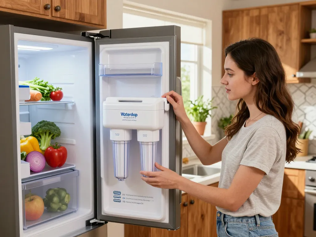 Installing the Waterdrop ADQ73613401 Refrigerator Water Filter in a modern kitchen.