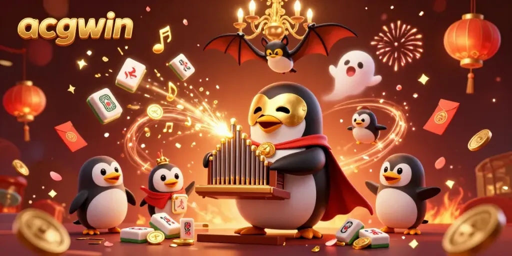Koin emas mengalir dari organ pipa yang dimainkan penguin opera saat merayakan keseruan judi di acgwin.