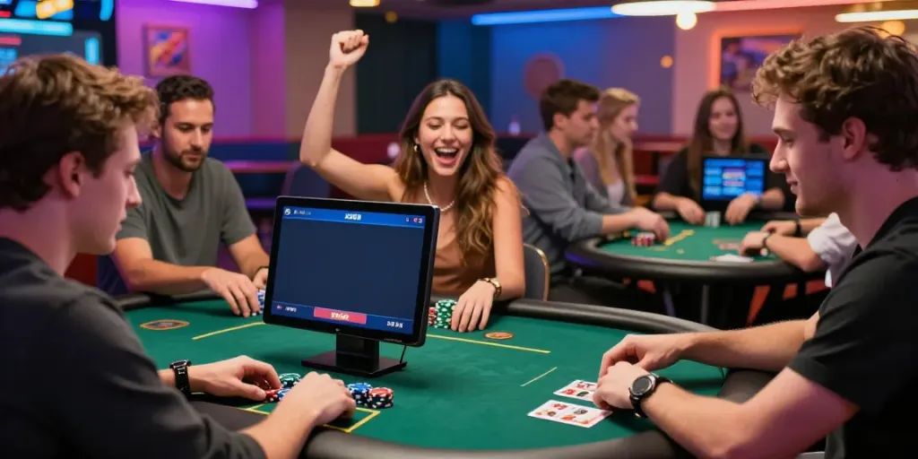 Exciting online gambling scene with players interacting on the XX88 platform, showcasing a vibrant gaming lounge atmosphere.