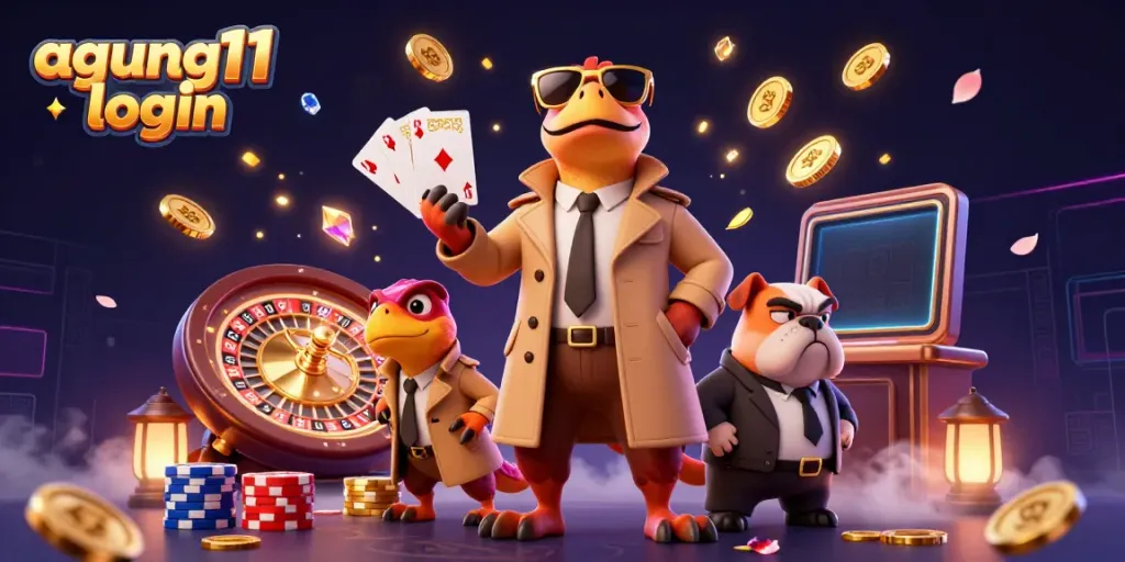 Gambaran artis 3D menarik tentang agung11 login dengan tiga raptor dalam jas, memasuki kasino.