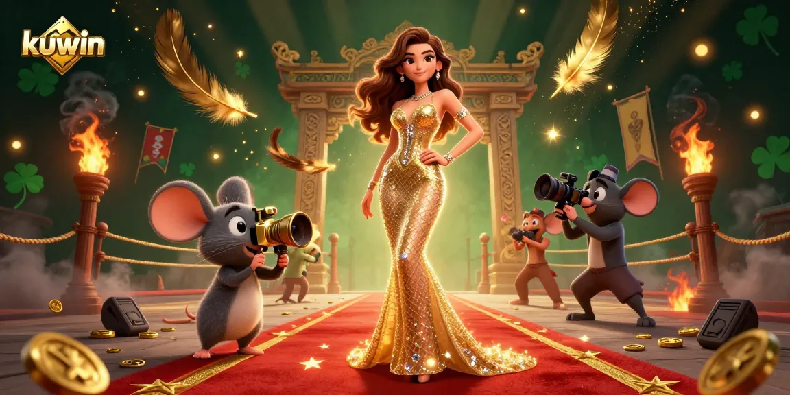 Kuwin's captivating gaming scene with a glamorous woman and adorable mouse amidst golden riches.
