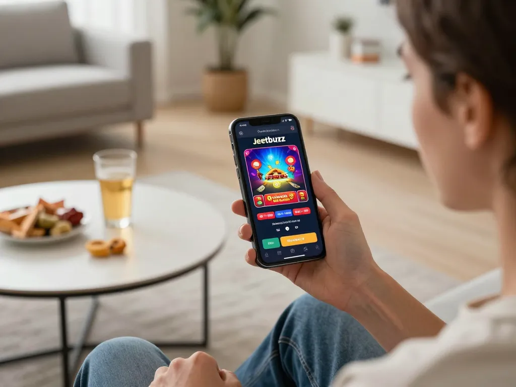Engaging with the Jeetbuzz Download App while enjoying casino games in a cozy home setting.