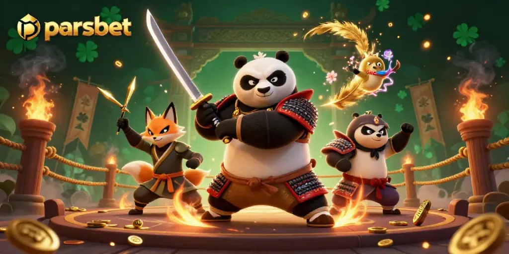 parsbet ile Japon temalı bir casino sahnesinde samuray panda ve ninja tilkisi mücadele ediyor.
