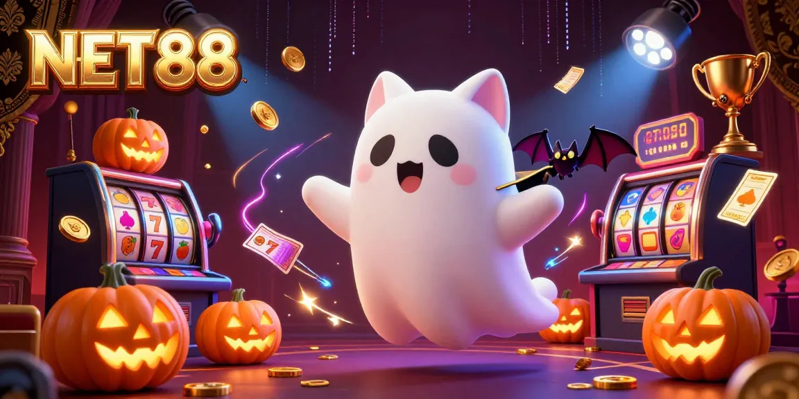 Engage with NET88 in a vibrant scene, featuring a ghost cat and casino elements for thrilling gameplay.