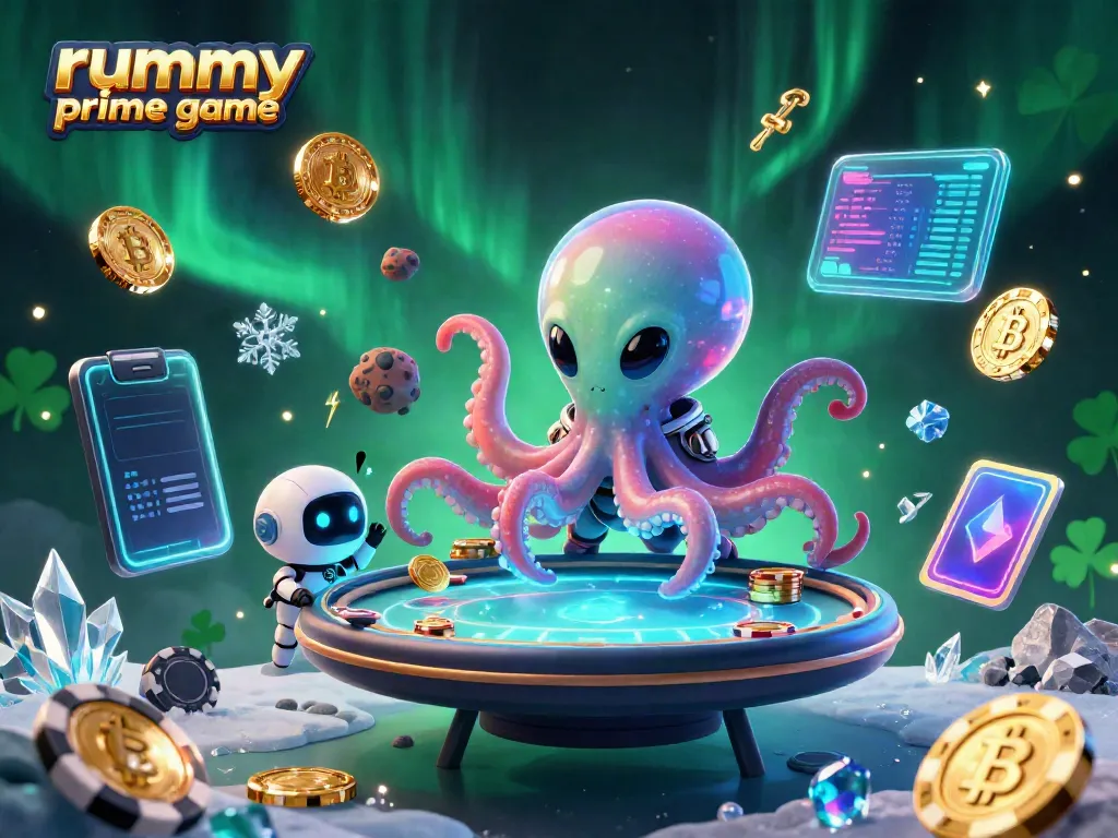 Engage in Rummy Prime game with vibrant alien characters at a holographic poker table, featuring cosmic elements.