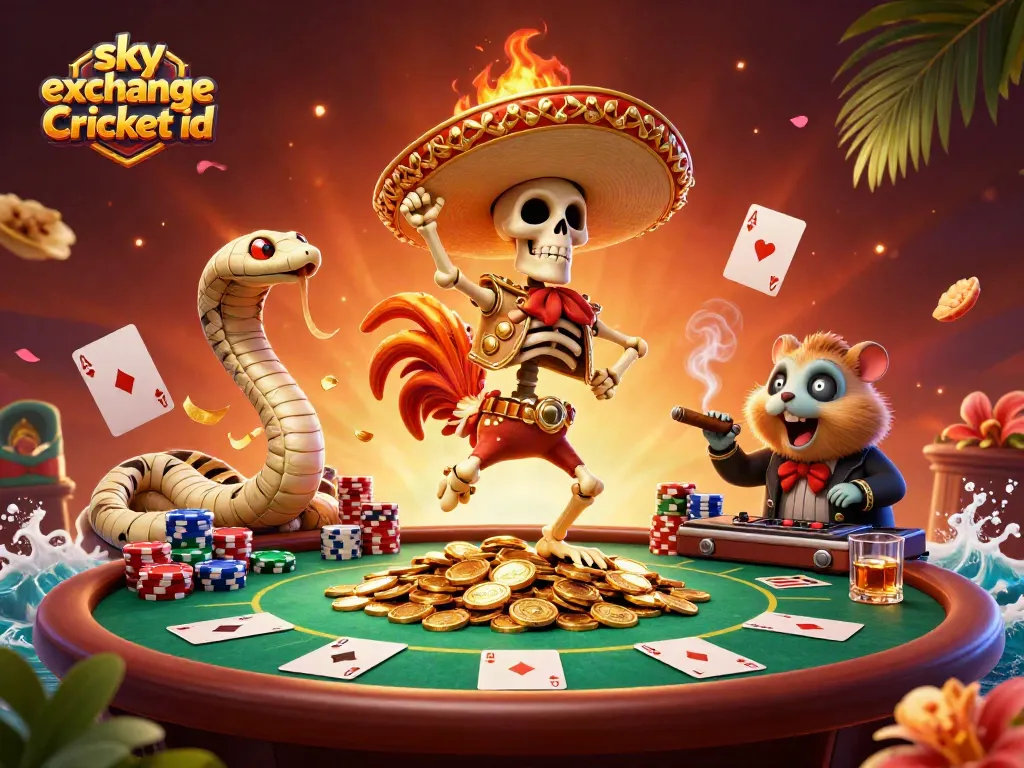 Experience thrilling action with sky exchange Cricket id as mariachis and skeletons celebrate victory in a vibrant casino scene.