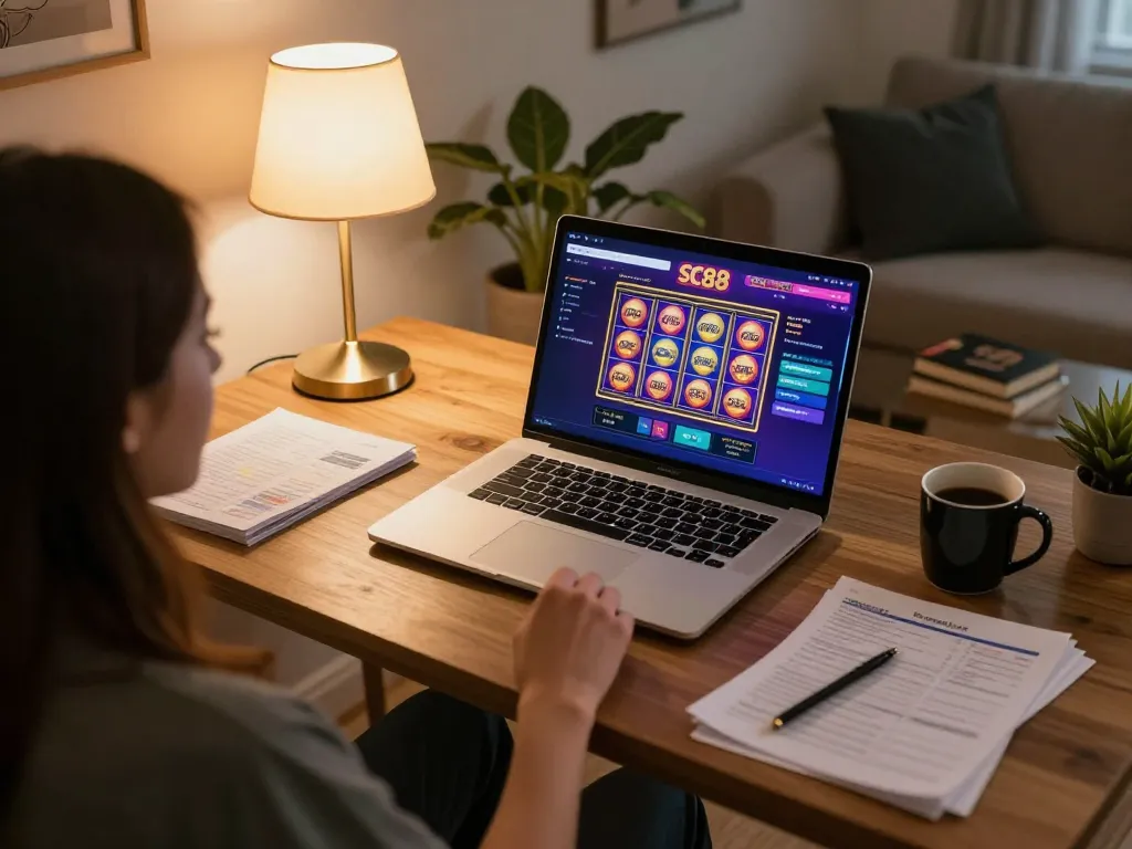 Player enjoying online sc88 gaming on laptop with strategy notes and warm ambiance