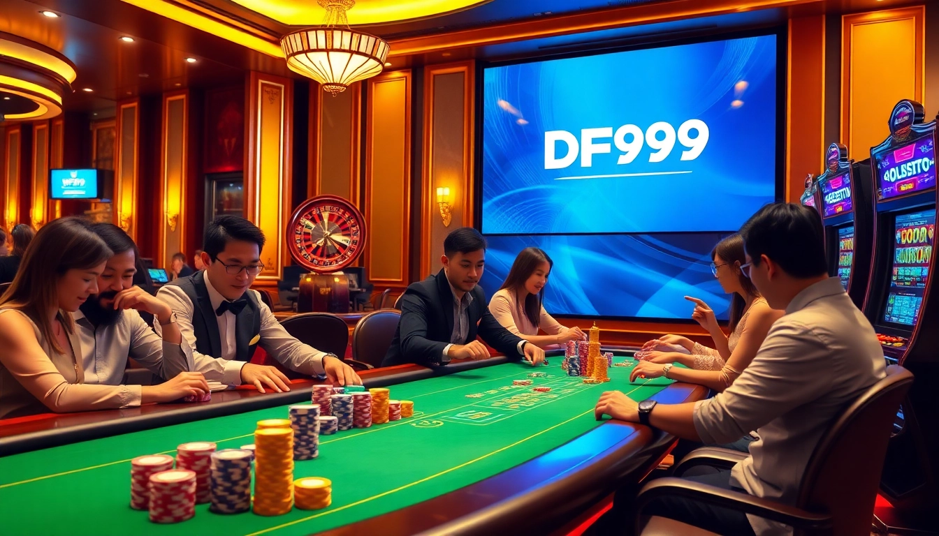Players enjoying casino games at DF999, with vibrant poker chips and a roulette wheel.